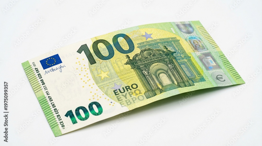 Obraz premium Close-up of a 100 Euro banknote on a white background, European currency, money, finance, economy, 100 Euros, cash, bill, note, currency, wealth, business, European Union