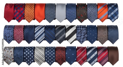 Variety of mens neckties in different colors and patterns on white background