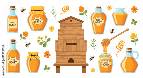Charming honey production set featuring a central wooden beehive surrounded by glass jars of golden nectar and delicate floral accents on white space.