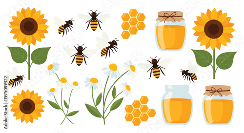 Vibrant summer honey collection showcasing large yellow sunflowers and white daisies alongside flying bees and hexagonal honeycombs filled with sweet nectar.