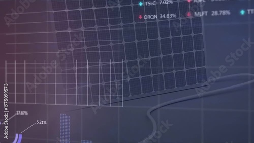 Tilted photovoltaic panel receiving HUD fade, charts rising and updating to show live metrics