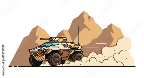 A powerful flat illustration of a modern tan armored combat vehicle navigating a rocky mountain pass while creating massive plumes of dust and flying debris.