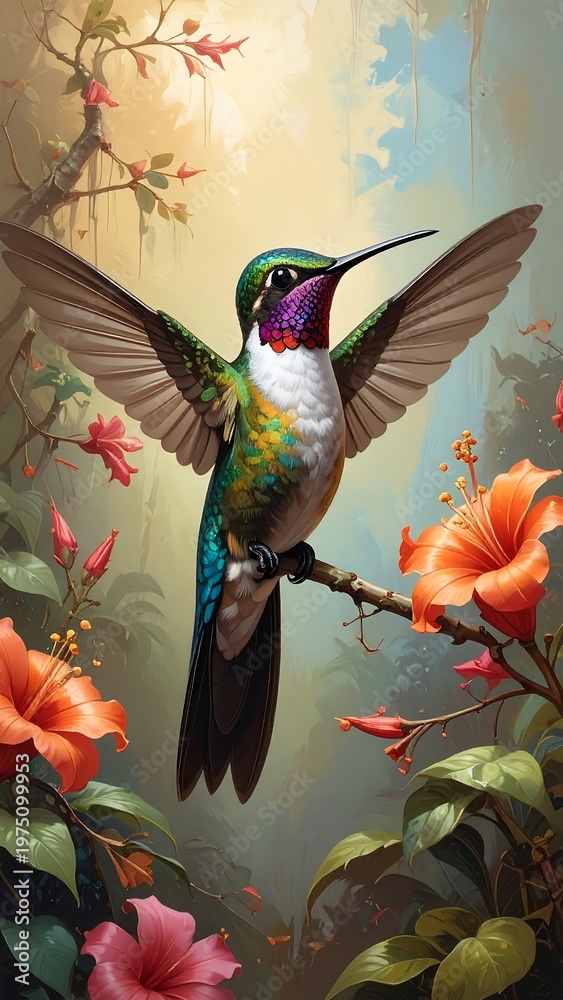 Naklejka premium A vibrant hummingbird with iridescent feathers spreads its wings on a branch amidst blooming hibiscus flowers, sunlight filters through foliage