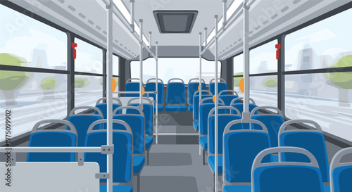 Pristine interior view of an empty modern passenger bus showing rows of vibrant blue seats and sleek silver grab bars under soft, diffused overhead lighting.