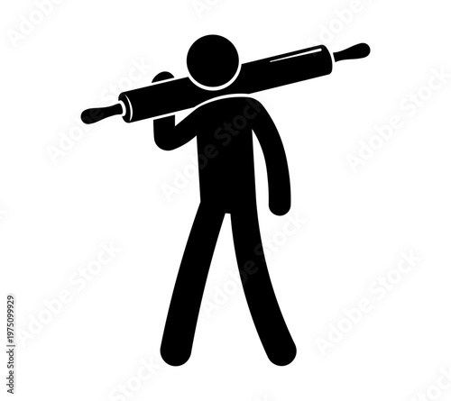 Stickman Holding Rolling Pin – Baking and Dough Preparation Silhouette Vector Icon.