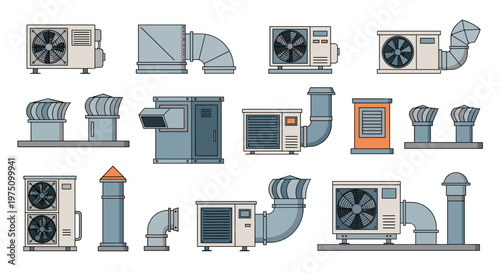 Comprehensive array of diverse industrial ventilation units and air conditioning equipment organized in a systematic grid pattern against a plain white background.