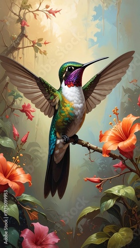 A vibrant hummingbird with iridescent feathers spreads its wings on a branch amidst blooming hibiscus flowers, sunlight filters through foliage