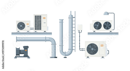 Collection of various air conditioning units and industrial ventilation pipes displayed as separate components on a clean white surface with soft blue shadows.