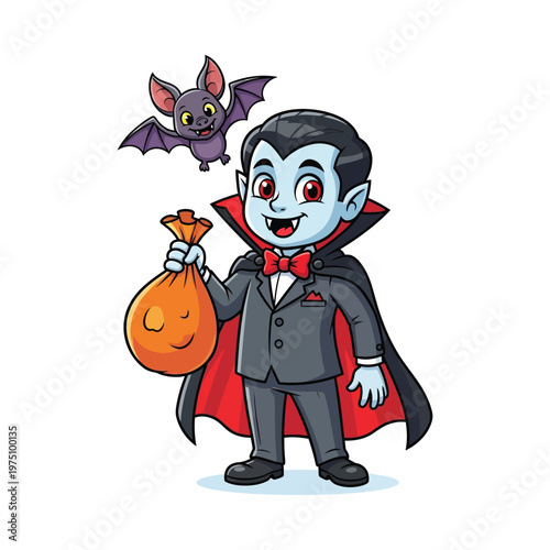 Cartoon depiction of a cheerful vampire character with a jack-o'-lantern and bat companion