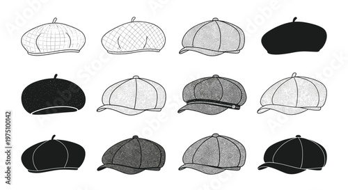 A comprehensive array of twelve monochrome sketches showcases diverse styles of classic berets and newsboy caps featuring various fabric textures and intricate crosshatch patterns.