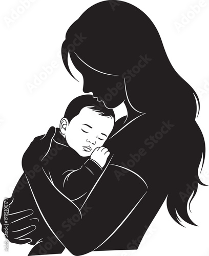Silhouette of mother holding sleeping baby with the figures are defined