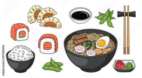 A comprehensive collection of traditional Japanese cuisine featuring a steaming bowl of ramen with sliced eggs alongside fresh salmon sushi and crispy gyoza.