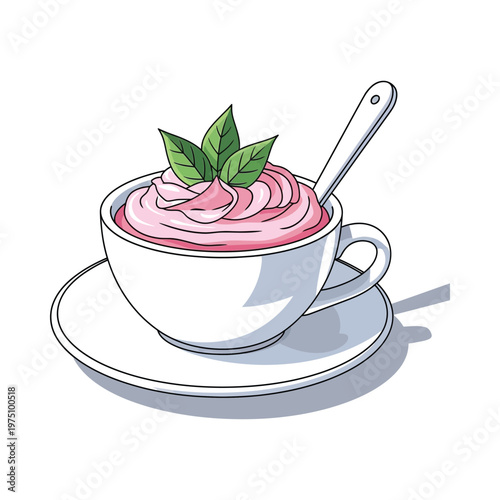 A whimsical cup of pink dessert topped with a mint leaf and a spoon