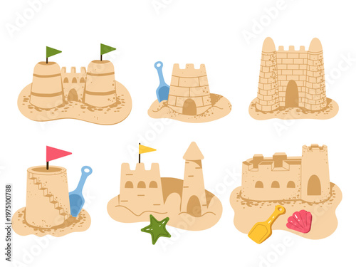 Various sand castles set with flags, shovels, sea shell, and starfish. Summer vacation elements isolated on white for beach play and childhood designs.