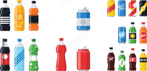 Beverage Set with Soda Bottles and Cans in Various Flavors and Designs for Drink, Refreshment, and Packaging Projects