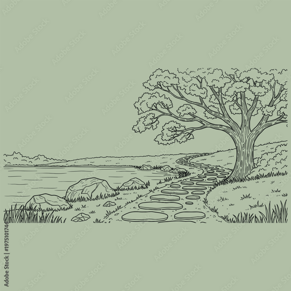 Fototapeta premium Peaceful Nature Landscape Coloring Page – Tree and River Line Art Illustration