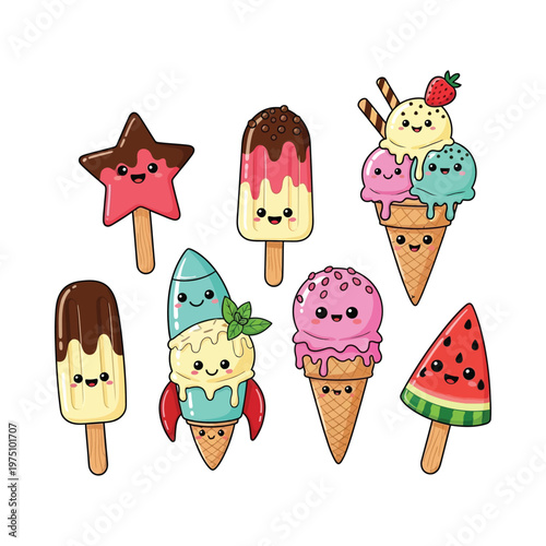 Colorful cute cartoon ice cream characters and treats stickers collection