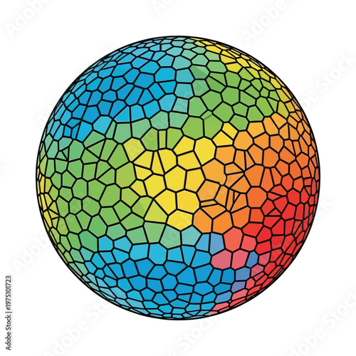 Geometric voronoi diagram projection on a spherical surface with color gradients
