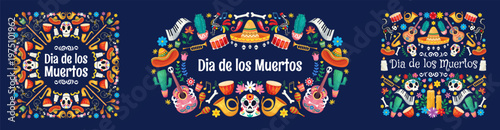 Dia de los muertos celebration design with colorful skulls and traditional elements