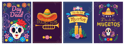 Colorful day of the dead cards with skulls, candles, and sombrero artwork