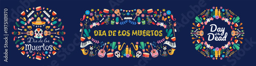 Vibrant dia de los muertos symbols with skulls and musical instruments