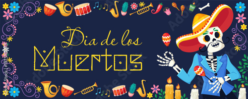 Festive dia de los muertos celebration with colorful skeleton and musical instruments design