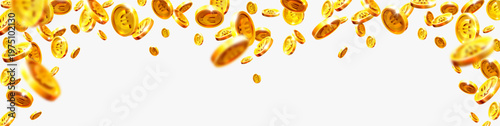 Golden coins falling in mid-air on white background