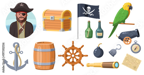 Pirate adventure icons featuring pirate, parrot, treasure chest, and cannon
