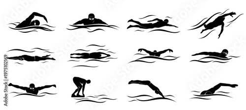 Silhouette collection of swimmers performing various strokes and dives