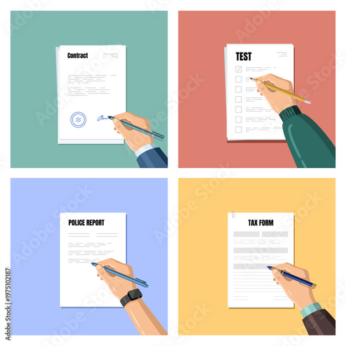 Multiracial adults signing various documents: contract, test, police report, tax form