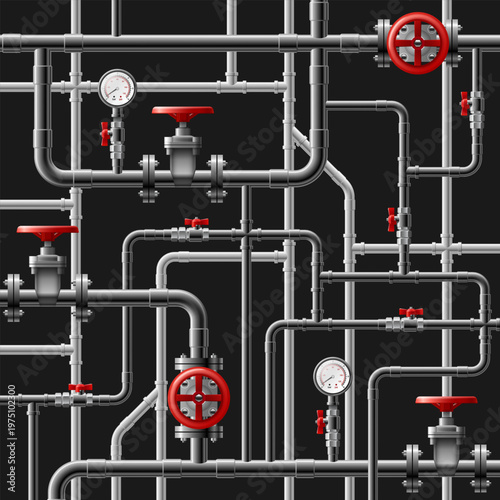 Complex network of industrial pipes with red valves and pressure gauges
