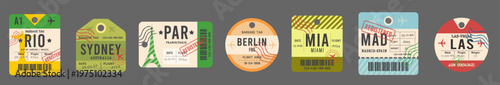 Colorful vintage airport luggage tags from iconic cities in retro style