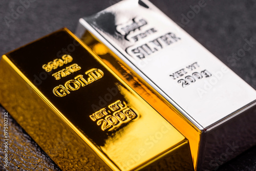 Gold and silver bullion or ingots as metals for bank storage, investments. Gold and silver bars