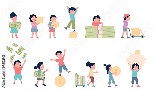 Children with money. Kids study saving finances and investment in future. Funny child with coins and banknotes. Happy boy hold piggy bank, recent vector set