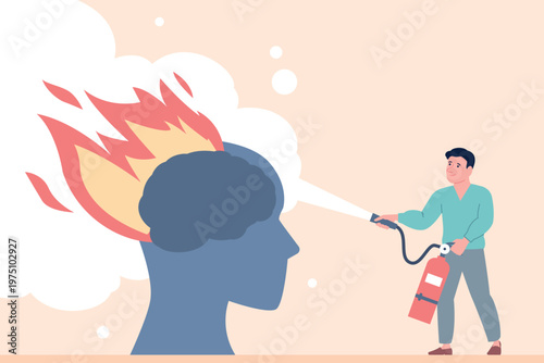 Burning brain concept. Overworking, emotional stress and anxiety. Man putting out flame with fire extinguisher. Support and mental health, burnout recent vector scene