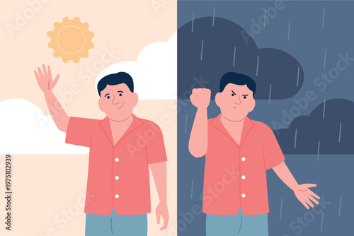 Emotional swings character. Man has mental problems. Mood sudden changes, from angry to happy and back. Problem with emotions control, recent vector concept