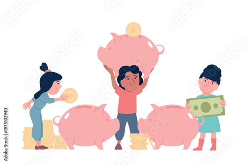 Children saving money. Cute kids with piggy banks and gold coins piles. Financial literacy, banking and savings. Investments in future, recent vector scene