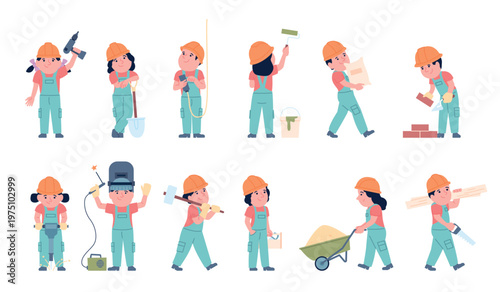 Children builders. Little kids with different construction tools. Child in helmet and overalls plays builder, paints wall, carries boards, recent vector characters