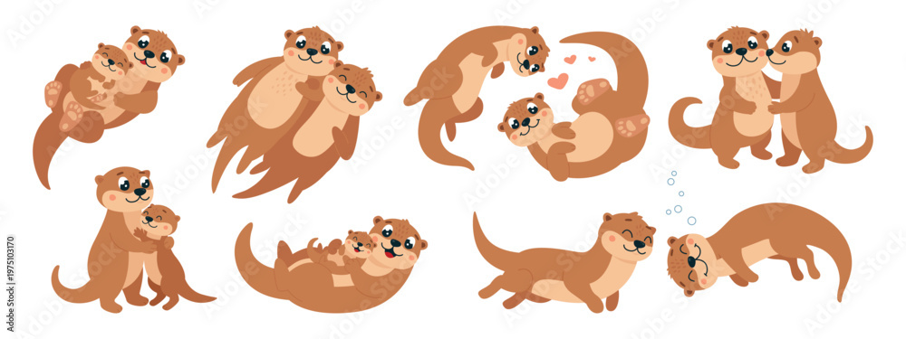 Obraz premium Adorable otters family. Cartoon otters couples and with children. Mothers and kid, parents, romantic animals together. Funny classy vector characters