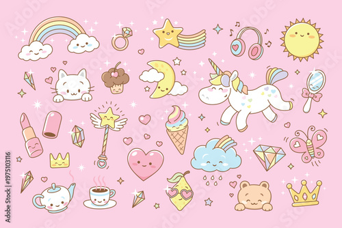 Kawaii girly stickers. Stylish characters design for prints. Cartoon rainbow, clouds, unicorn, teddy bear. Ice cream and coffee cup, kitten face, tidy vector clipart