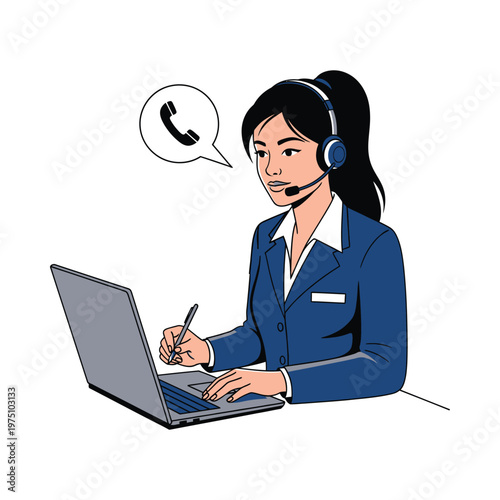 Professional woman working on laptop while answering a call with a headset