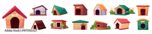 Wooden dog houses. Cartoon housing for pets with with bowls for food and water, plants, bones toys. Wood homes for backyard, nowaday vector set