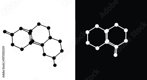 The chemical structure appears as a dual molecular diagram with circular nodes connected by lines in high-contrast black and white colors.