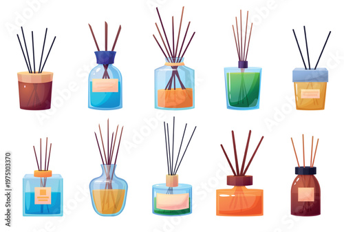 Cartoon aroma diffusers. Wooden sticks stand in different glass bottles with perfume water. Aromatherapy elements for spa, home interior accessories, nowaday vector set