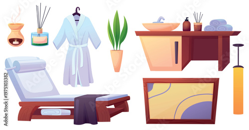 Spa massage elements. Cartoon salon furniture, aroma diffuser and lamp with candle. Couch, table, white terry robe. Green plant in pot, picture, nowaday vector set