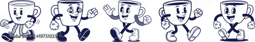 Retro 1930s Rubber Hose Style Coffee Cup Mascot Character Vector Illustration
