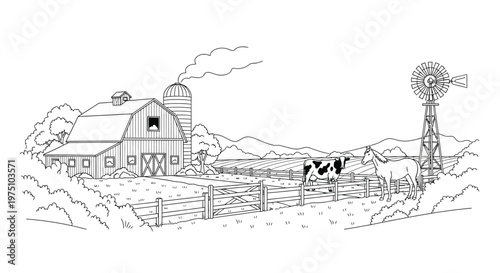A farm barn stands beside a tall windmill with grazing livestock behind wooden fences in this detailed black and white line art drawing.