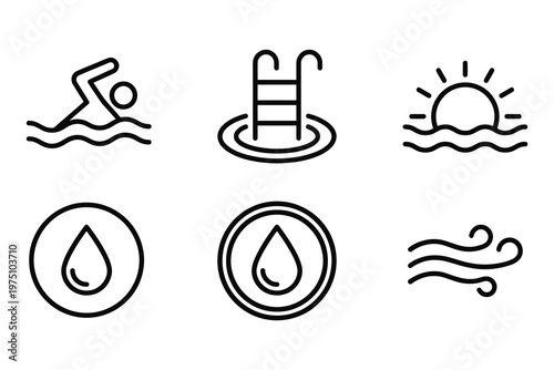 Swimming and water recreation icon set including swimmer pool ladder sun and liquid drops with swimming recreation vacation activity