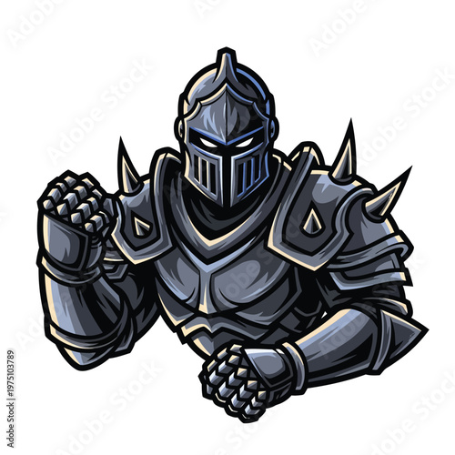Armored knight with spiked helmet and shoulder pads on transparent background prepares for battle.