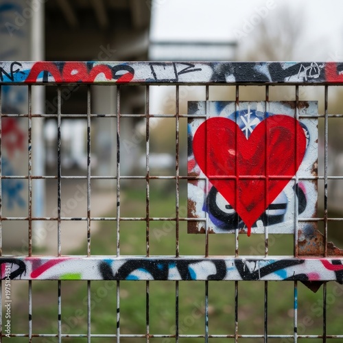 Graffiti heart art on urban metal fence with vibrant colors